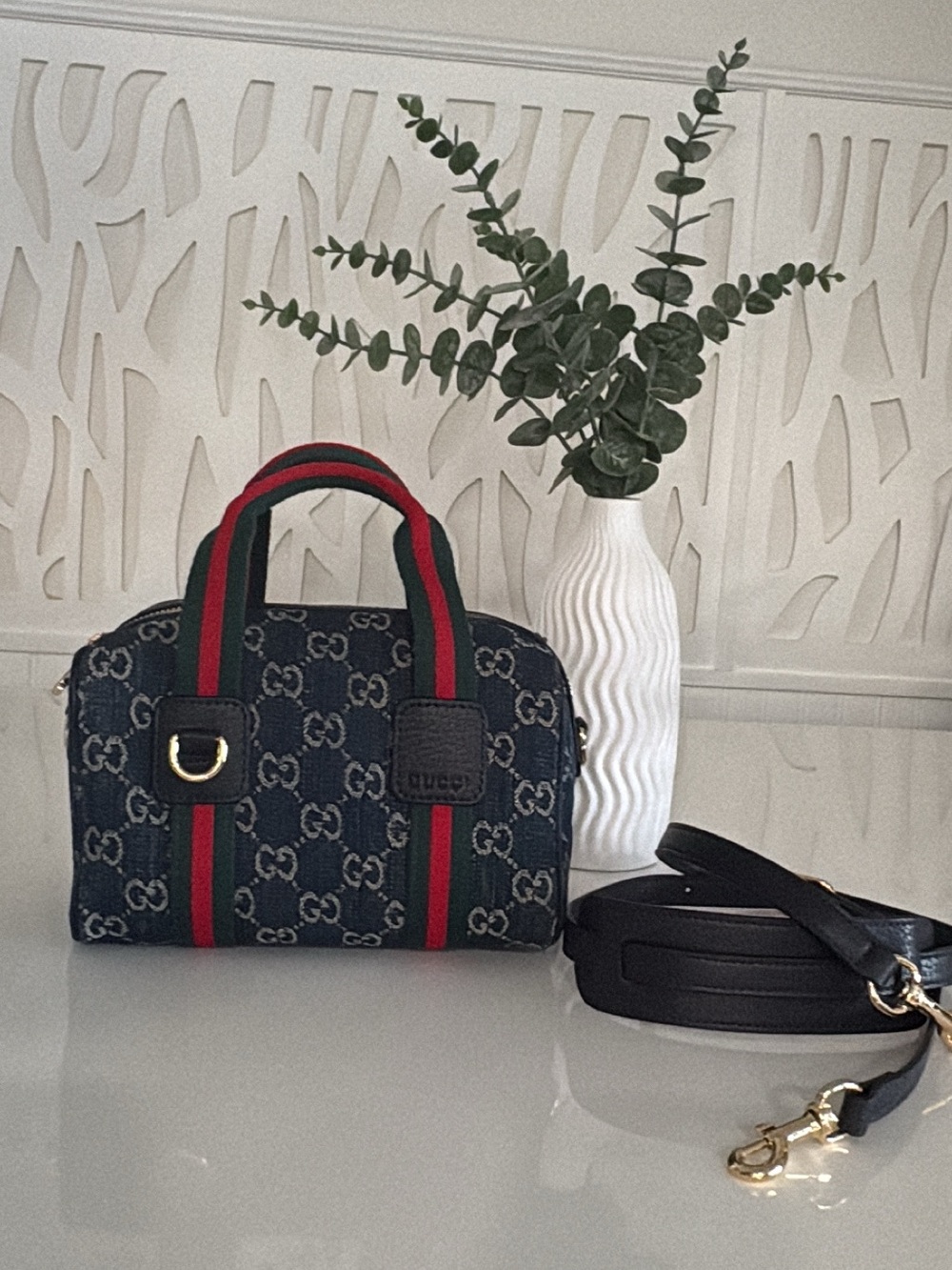 Navy GG Denim Mini Boston with Red and Green Webbing - Picture 5 of 5